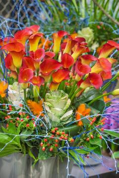 bouquet of flowers, Brassica oleracea var. acephala, St John’s Wort  (Genus), Zantedeschia (Genus)