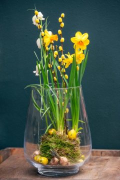 daffodil (Genus), Easter eggs, Easter, fritillary (Genus), glass vase, Goat Willow, grape hyacinth (Genus)