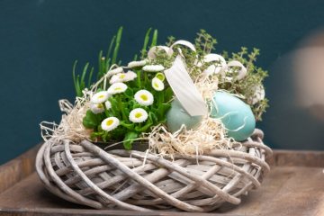 basket, Bellis perennis, Easter eggs, Thymus vulgaris