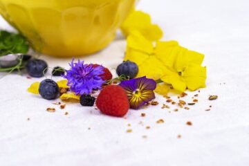 Gesunde Ernährung, Raspberry, Vaccinium corymbosum, Viola cornuta