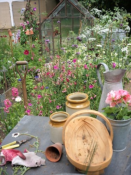 Ammi majus, annuals mix, basket, Cosmos bipinnatus, flower bed, Garden tools, Gießkanne, glas house, Jasmine Tobacco, Tontöpfe
