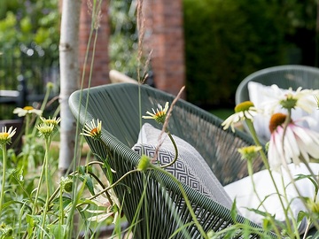 Echinacea pallida, Echinacea purpurea, Erholung, Gartenmöbel, Stimmung, Terrasse, Terrassengarten
